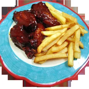 BBQ wings with fries.