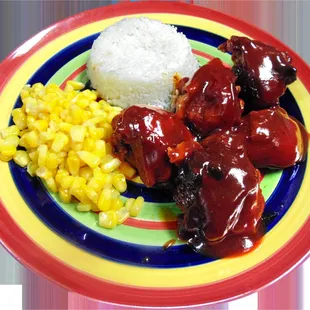Honey BBQ chicken with white rice and corn