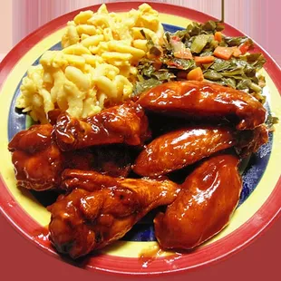 BBQ Wings with baked mac n cheese and collard greens.