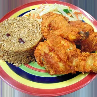 Fried Chicken with steamed cabbage, rice and red kidney beans.