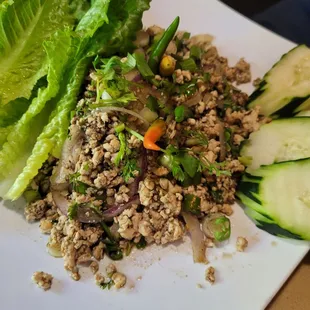 Chicken larb has tripe I'd recommend ordering with no tripe.