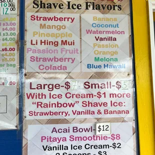 Shave ice menu, açaí bowls, pitaya smoothies, vanilla ice cream