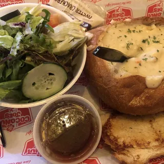 Clam Chowder Bread Bowl and Salad
