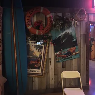 a chair and a surfboard