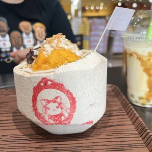 fresh coconut jelly with mango sticky rice