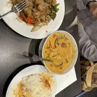 Drunken noodles, panang curry