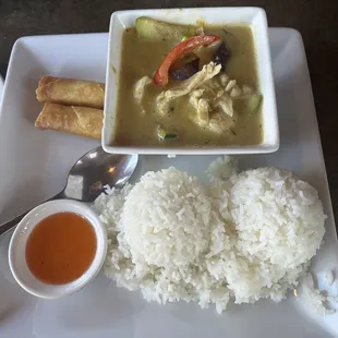 Combo 3: Deep fried spring rolls, green curry, and rice