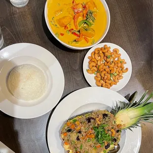 Pineapple fried rice, fried cashews, squash curry, and white rice