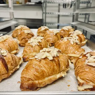 Almond croissants ready to go in the oven.