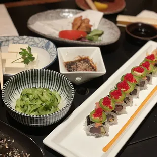 a variety of sushi dishes