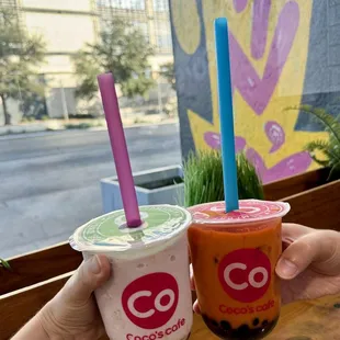Taro coconut smoothie with boba + Thai tea with boba