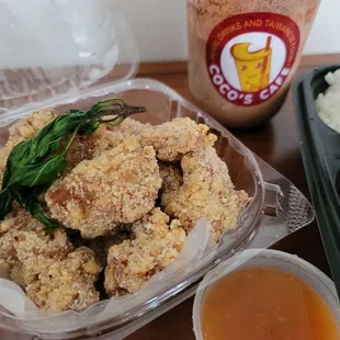 a meal of fried chicken and rice