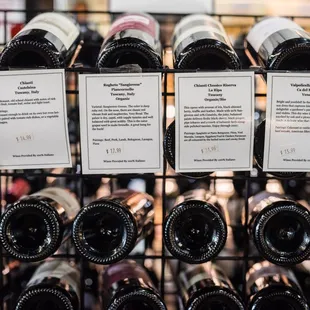 a rack of wine bottles