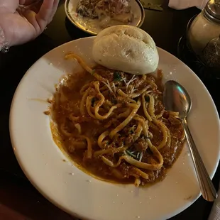 Bolognese with the special noodles. Super delicious!