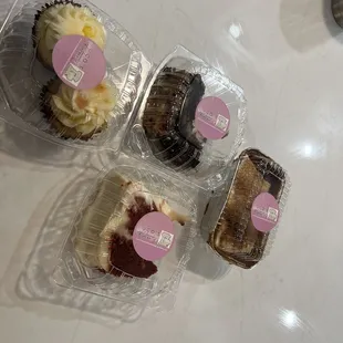 Red Velvet Cake Slice, peach cobbler, German chocolate slice, lemon cupcake, salted caramel cupcake.