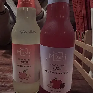 Yuzu Moshi Yuzu , Red Shiso and Apple Sparkling Drink 355 Moshi Yuzu and White Peach Sparkling Drink 335 ml -been with yuzu lately