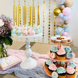 He or she gender reveal dessert table.