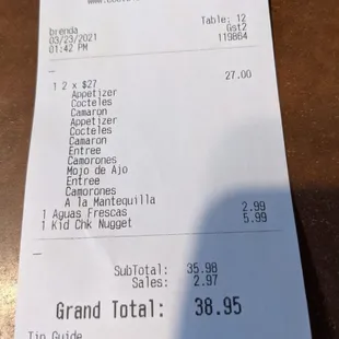 the receipt for the restaurant