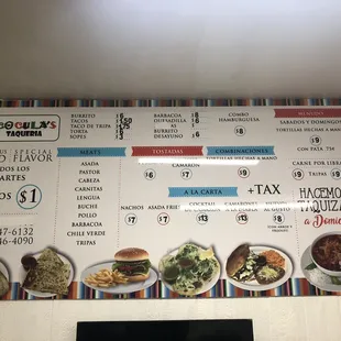 Cocula's menu