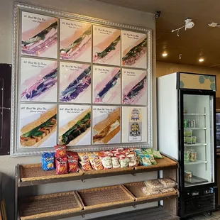 a display of sandwiches and snacks