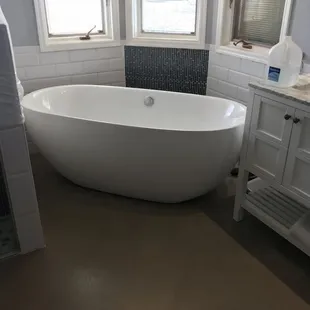 Stand alone tub on Code Blue bathroom remodel