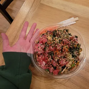 Ahi and salmon poke (3 scoops) on white rice