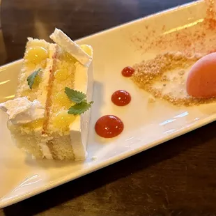 Limoncello cake with a raspberry sorbet.