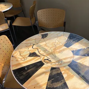 a table and chairs in a coffeehouse