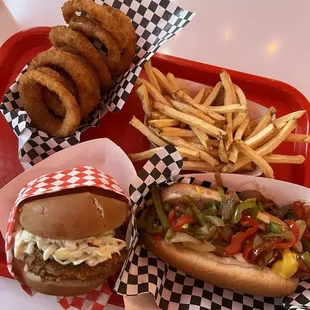 LA Street Dog, Southern Fried Chicken Sandwich, Onion Rings, &amp; French Fries