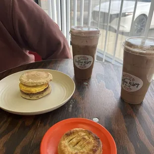 churro latte, horchata latte with strawberry cold foam, apple streusel, breakfast griddle sandwich