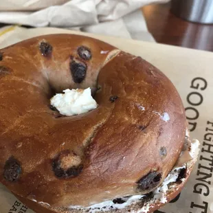 Chocolate chip bagel with plain cream cheese