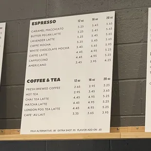 Espresso, coffee, &amp; tea menu