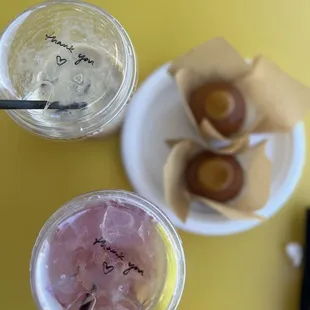 Fresh squeezed pink lemonade and shaken espresso with cute little thank you message