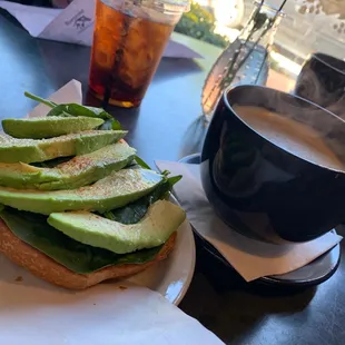 Avocado toast, latte