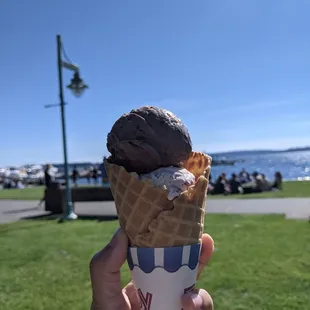 a hand holding a cone of ice cream