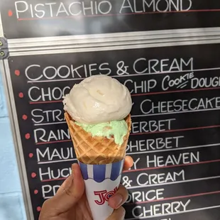 Pineapple/coconut and pistachio/almond in a waffle cone