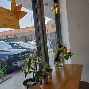 a wooden table with plants on it