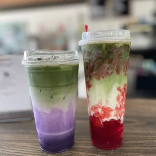 Iced ube matcha latte + strawberry matcha latte.