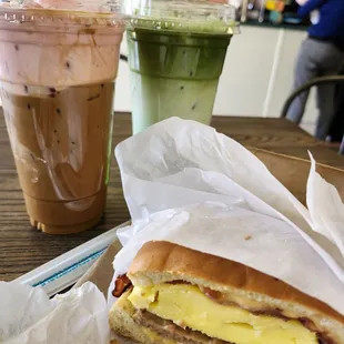 Lattes and breakfast sandwich