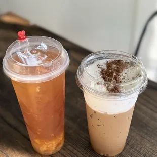 Shaken peach tea with logan and lychee bits + Vietnamese Coffee with sea salt creama (large)