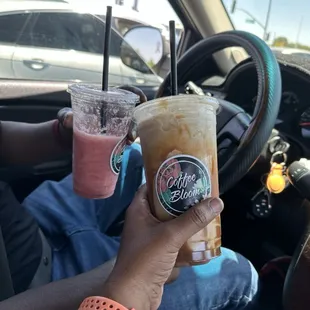 Strawberry smoothie  Caramel Vanilla blended no whip almond milk extra caramel drizzle add 2/3 expresso shot