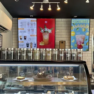 a display of coffee and pastries