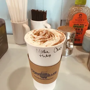Large mocha with whipped cream and cinnamon.