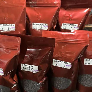 They roast 1 lb bags for sale - they go fast- so at most 1 or 2 days old. Decaf, dark toast or various origins. This place is a gem