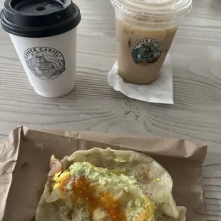 Hot and iced coffee and taco from neighboring food truck
