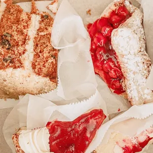 Cherry cheesecake, cherry turnover, carrot cake