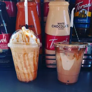 two cups of ice cream and caramel