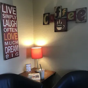 Cute seating area for sipping your beverage.