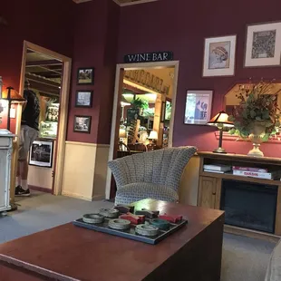 a living room with a wine bar