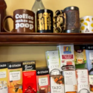 Tea choices and decorative mugs